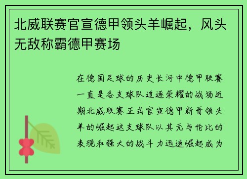 北威联赛官宣德甲领头羊崛起，风头无敌称霸德甲赛场
